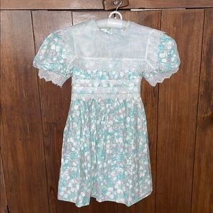 Polly Flinders classic smocked floral girl’s dress in aqua, white, pink, size 6